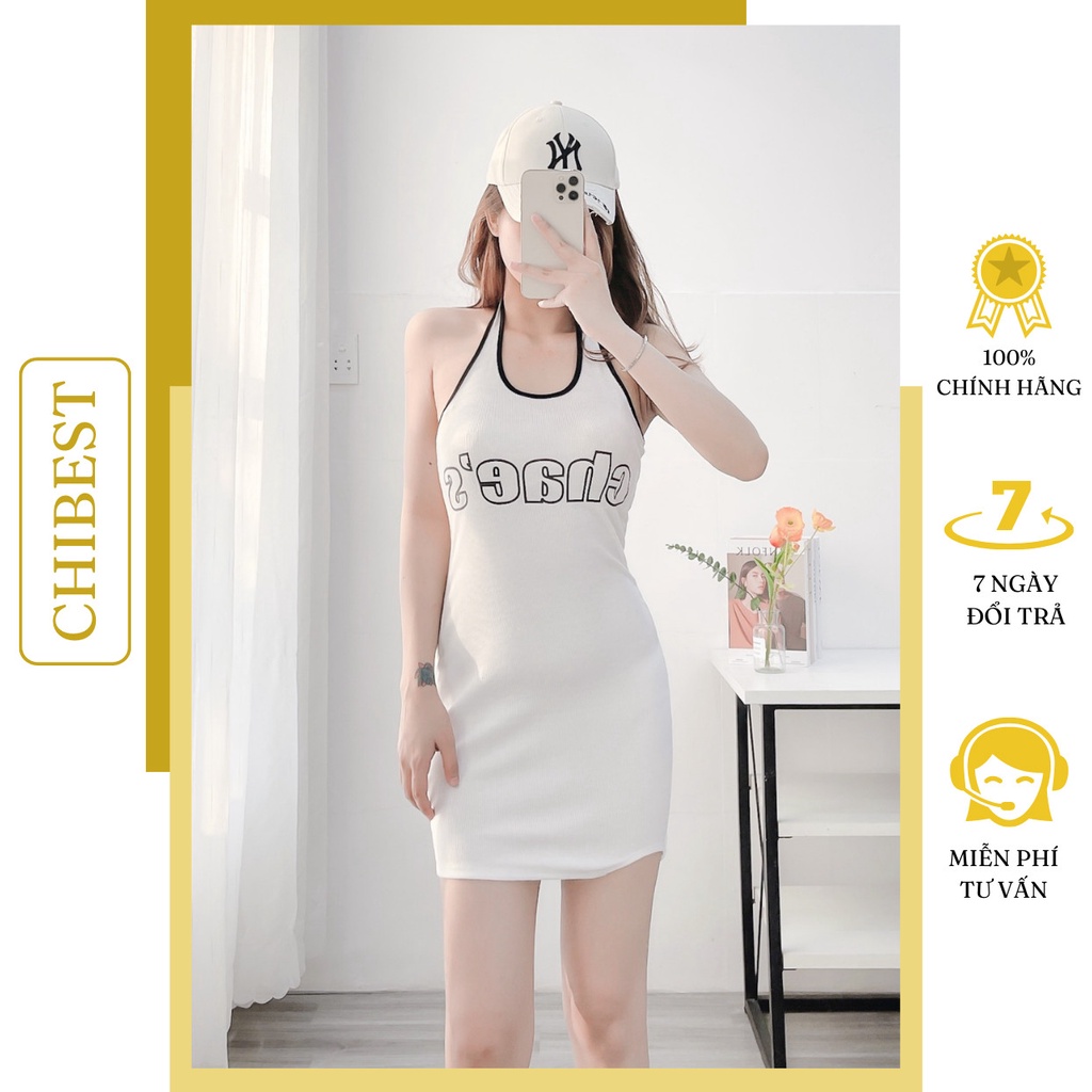 Đầm body sexy Đầm yếm body hở lưng  in chữ CHAE'S quyến rũ sang chảnh CHIBEST LDB32