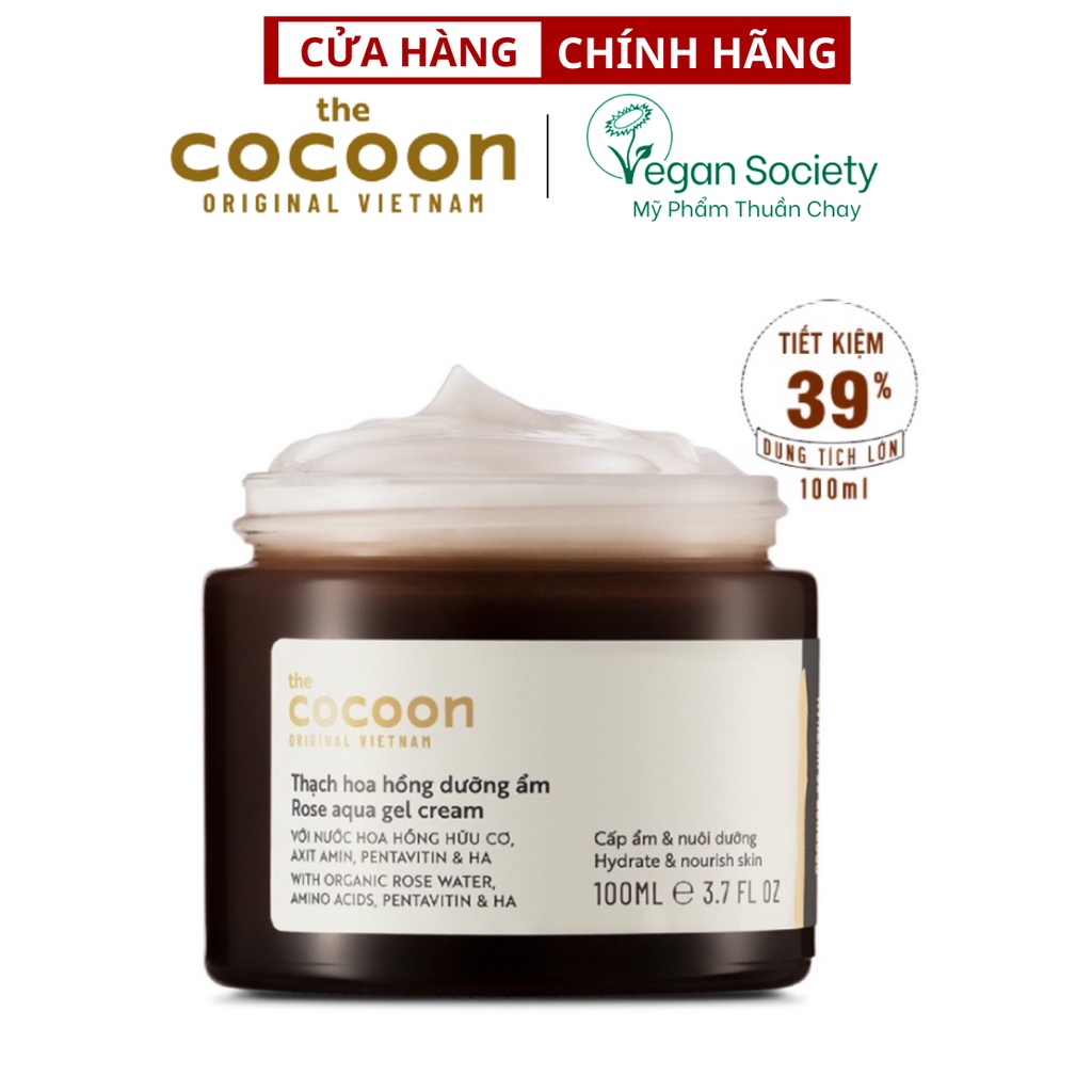 Thạch hoa hồng dưỡng ẩm cocoon 100ml (kem dưỡng ẩm) - Vegan Society - Mỹ phẩm thuần chay Việt Nam