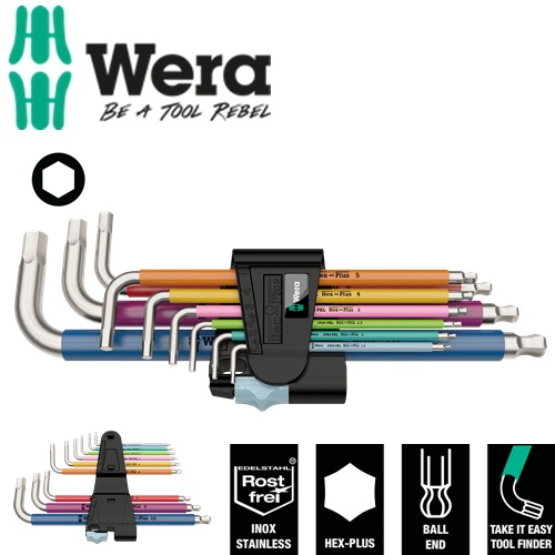 Bộ lục giác bi dài thép không gỉ nhiều màu sắc Wera 05022669001 3950/9 Hex-Plus Multicolour Stainless 1 gồm 9 cái