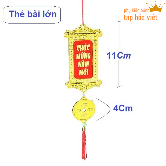 Túi 10 thẻ bài trang trí Tết - cỡ lớn 11*6Cm, dây tiền vàng, dây pháo, dây liễng