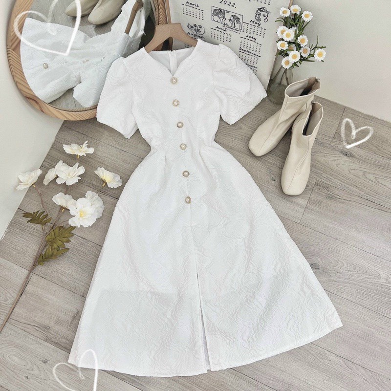 Đầm Dự Tiệc - Váy gấm tay bồng, Có khóa lưng, Đính cúc ngọc tinh tế dành cho các nàng đi dự tiệc Hk shop9720