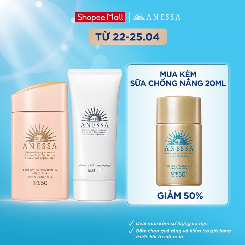 Bộ đôi kem chống nắng Anessa dịu nhẹ và dưỡng trắng da Anessa Mild Milk - Anessa Whitening Gel