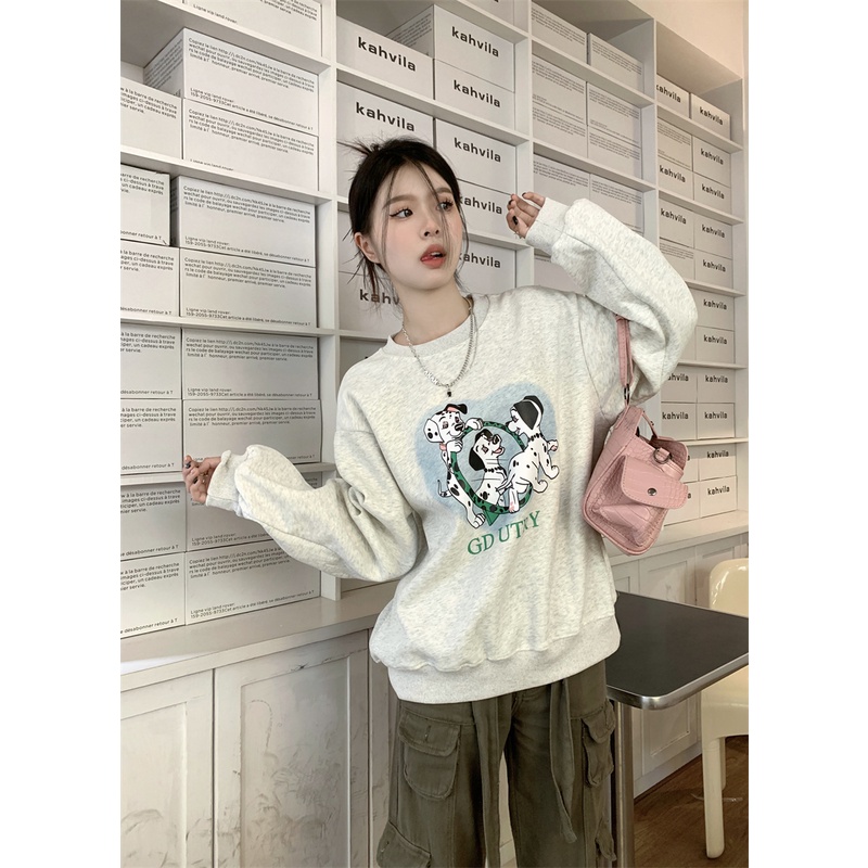 Áo sweater Cổ Tròn In Họa Tiết Dễ Thương Phong Cách retro Mỹ