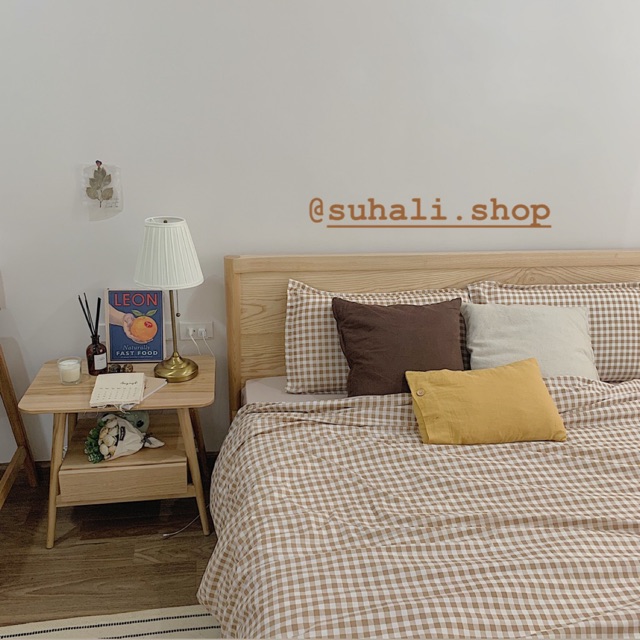 Bộ vỏ chăn ga gối caro nâu be Suhali Shop gồm 4 món 2 vỏ gối nằm, vỏ mền và drap đủ size
