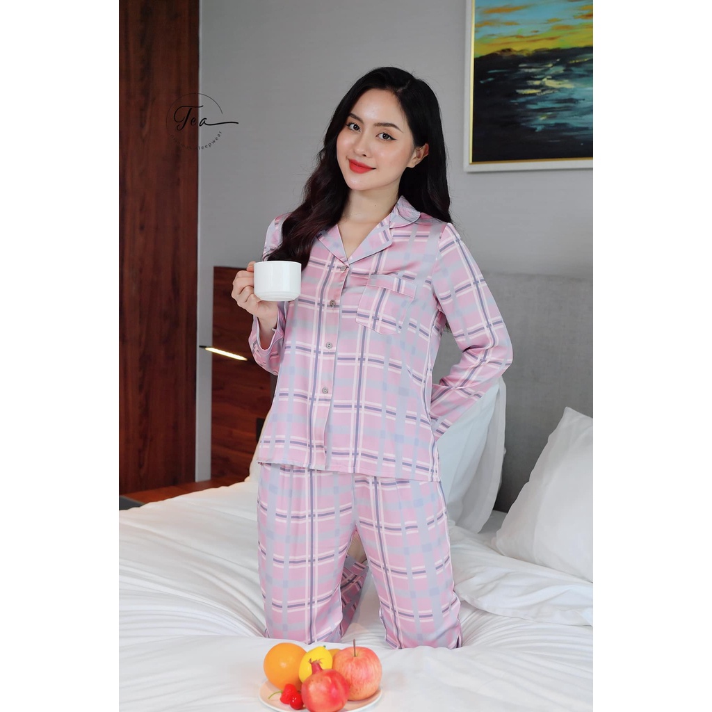 Bộ Mặc Nhà Pyjama Cao Cấp Tea Store Tay Dài Quần Dài Họa Tiết Caro Hồng Xám