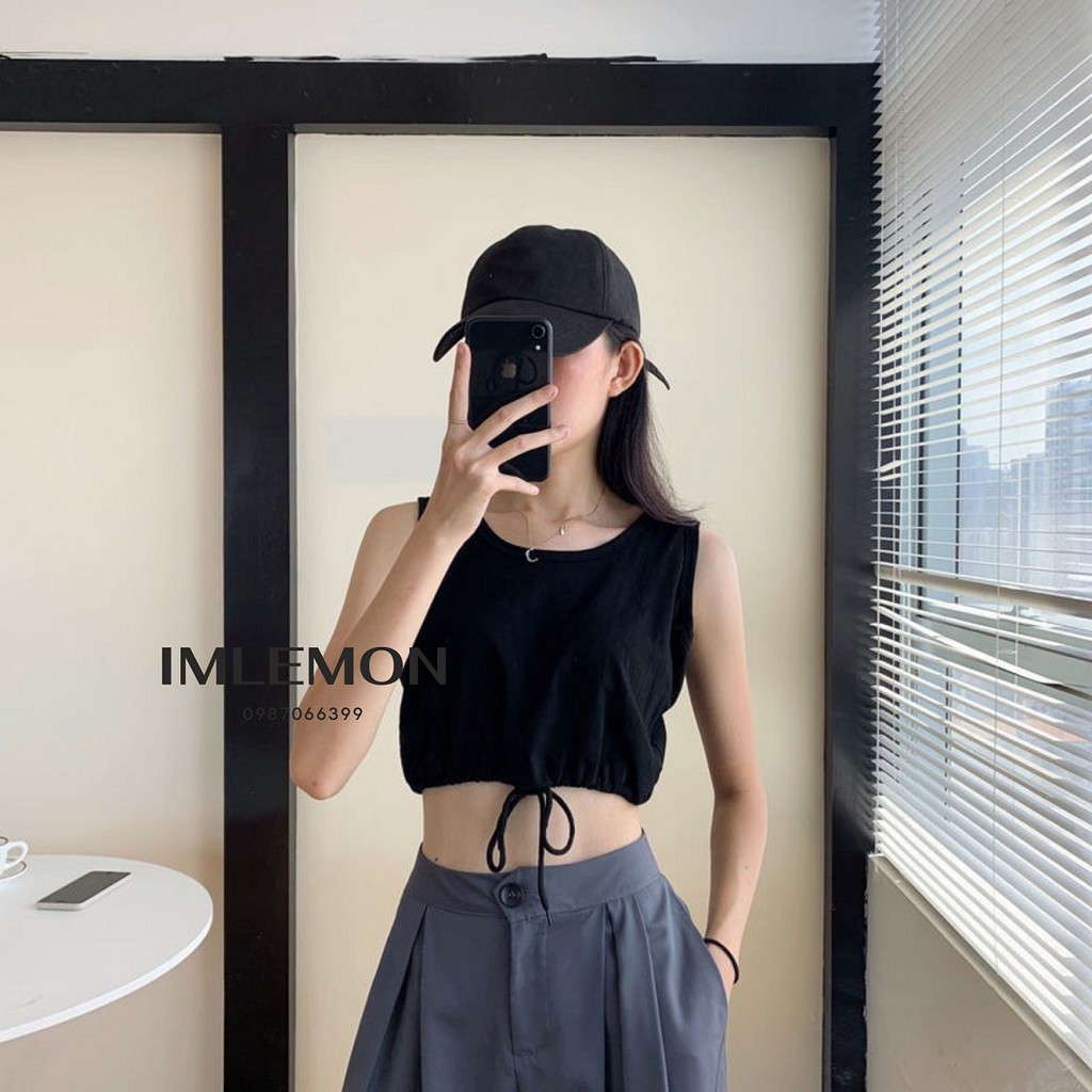 Áo Thun Croptop Ba Lỗ Rút Eo BASIC Thể Thao, Năng Động