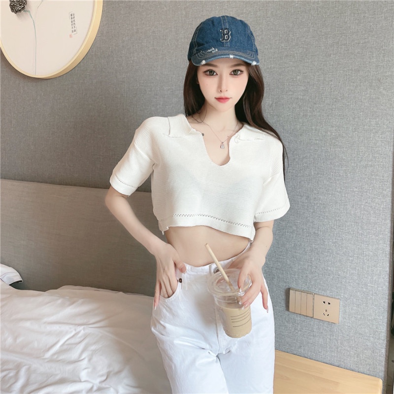 Áo Thun Dệt Kim Tay Ngắn Cổ Polo Màu Sắc Trơn Phong Cách Hàn Quốc