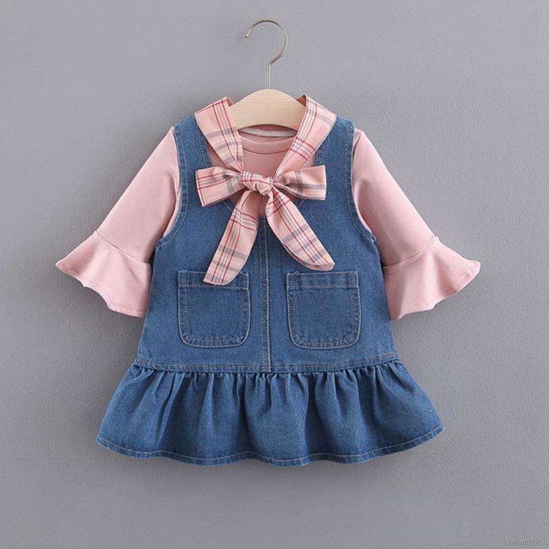 Set Áo Thun Ngắn Tay Và Đầm Yếm Denim Phong Cách Hàn Quốc Dành Cho Bé Gái