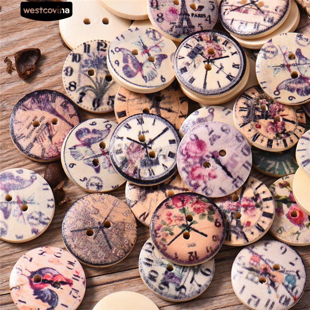 Set 50 Nút Gỗ 2 Lỗ Hình Đồng Hồ Vintage