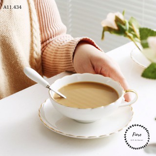 Tách trà chiều kiểu Anh miệng hoa viền vàng - bộ cốc kèm đĩa sứ xương, đồ uống trà - cafe cao cấp - mã A11.434