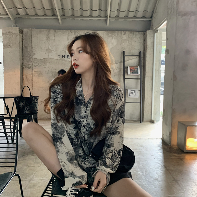 SUXI Áo sơ mi vải voan dài tay dáng rộng phong cách retro cho nữ