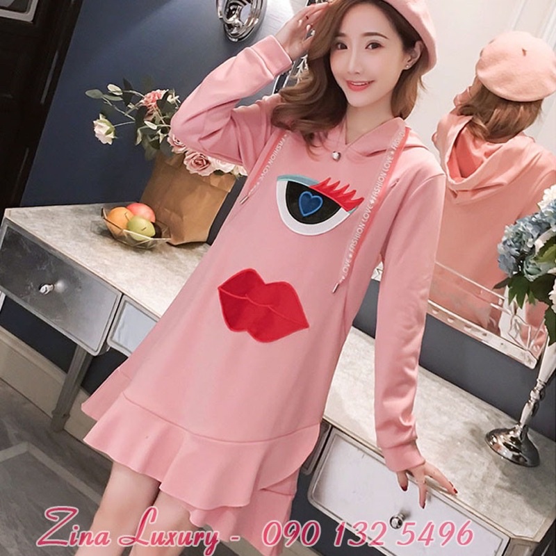 Đầm bầu nỉ thu đông đuối cá có khoá kéo sau sinh