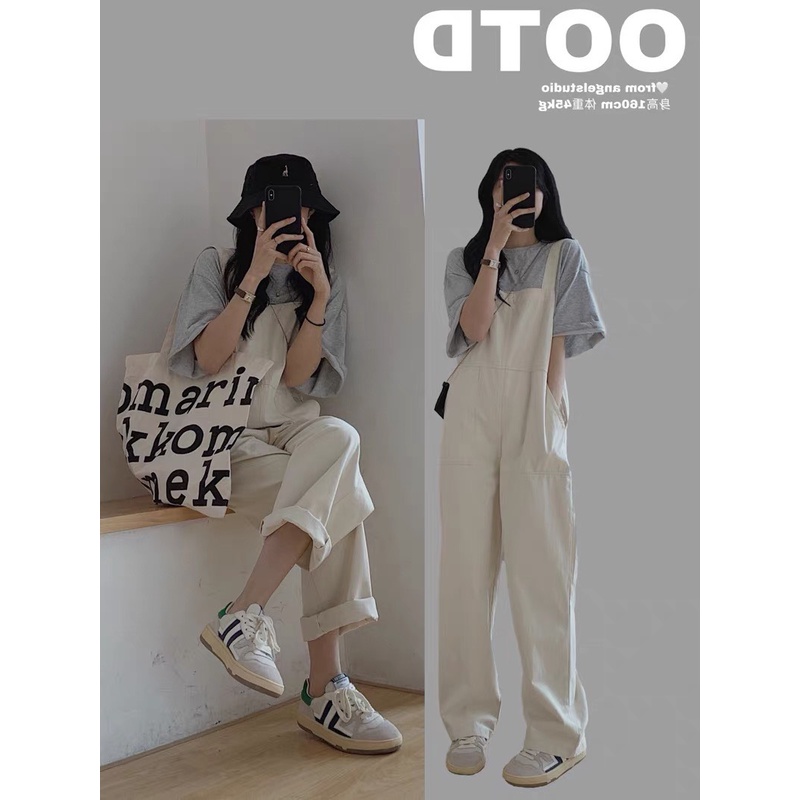 Yếm quần nữ ống rộng chất liệu kaki phong cách ULZZANG màu be PASTEL trendy dành cho nữ - GENZOO