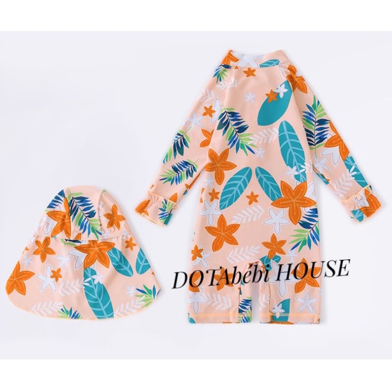 ĐỒ BƠI TAY DÀI LIỀN THÂN CÓ NÓN CHE GÁY HỌA TIẾT HOA LÁ CHO BÉ GÁI mã SW0211 - DOTAbébi HOUSE