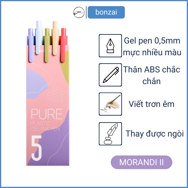 Bộ 5 bút gel KACO PURE loại Morandi 2 mực nhiều màu [Hàng Chính Hãng]