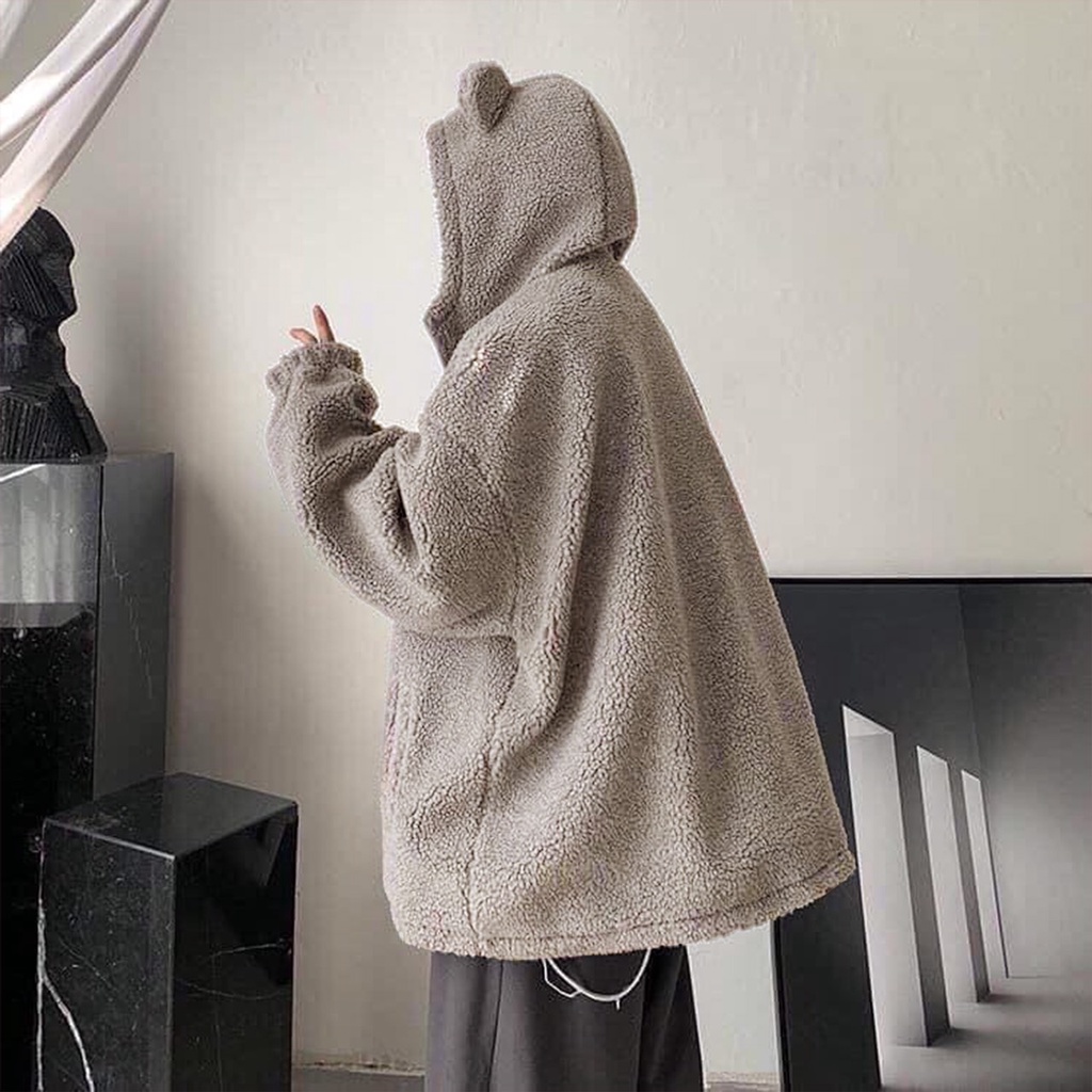 💃 Áo Khoác Lông Tai Gấu Logo Mặt Cười Dáng Rộng unisex annastore chất lông cừu dày dặn cực ấm | BigBuy360 - bigbuy360.vn