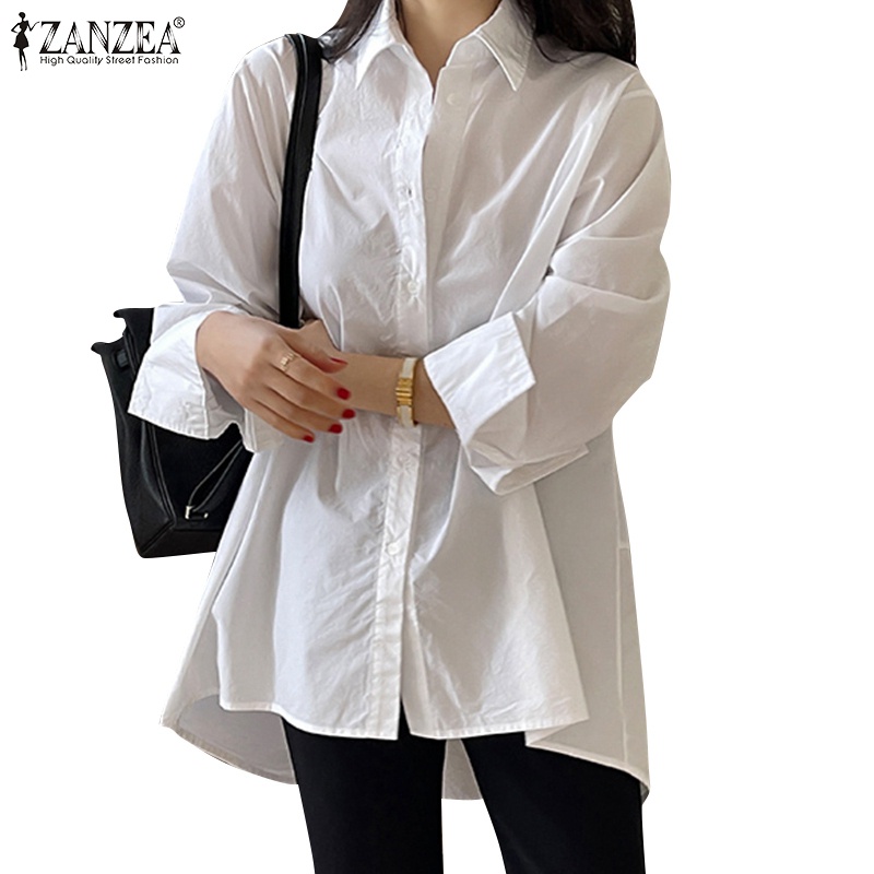 Áo sơ mi Zanzea tay dài màu trơn dáng rộng kiểu Hàn trẻ trung dành cho nữ