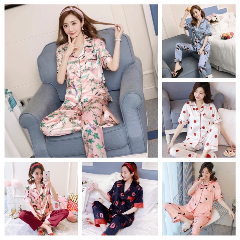 Đồ bộ Pizama lụa họa tiết lá Tay Ngắn dễ thương - Y22