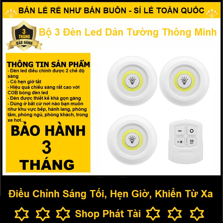 Đèn Led Thông Minh, Bộ 3 Đèn Led Mini Dán Tường Có Điều Khiển Từ Xa, Hẹn Giờ, Điều Chỉnh 2 Mức Độ Sáng ( Hot 2020 )