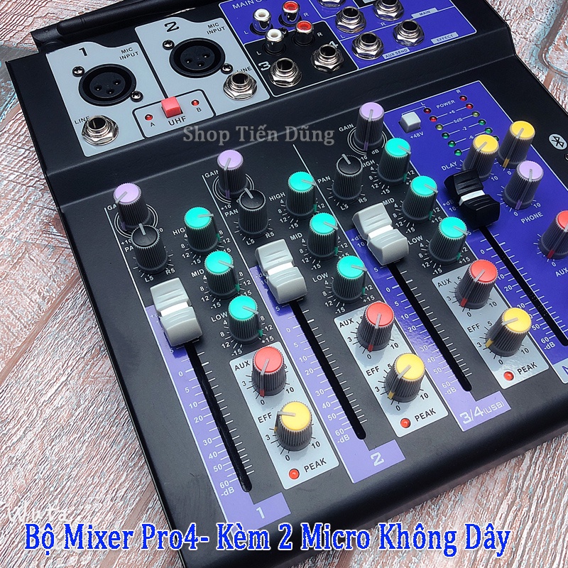 Bộ Mixer Pro4 Bản Nâng Cấp Của Mixer F4 và Mixer G4 Đi Kèm 2 Micro Không Dây, Pro-4 Hỗ Trợ Bluetooth USB  Karaoke live