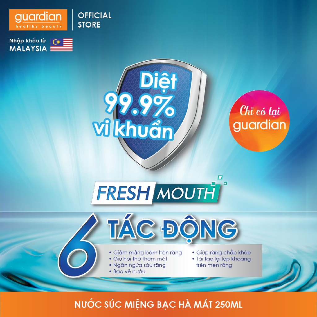 Nước súc miệng Guardian chiết xuất lá Bạc Hà (Cool Mint) – 6 tác động tươi mát cho vùng miệng 250ml