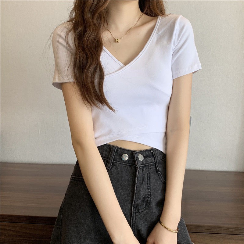 Thiết kế mới mùa hè cotton nguyên chất cổ chữ V chéo màu đồng nhất áo phông ngắn tay lệch vai, áo ngắn tay nữ Hàn Quốc, áo ngắn nữ "xuất xưởng trong vòng 15 ngày"