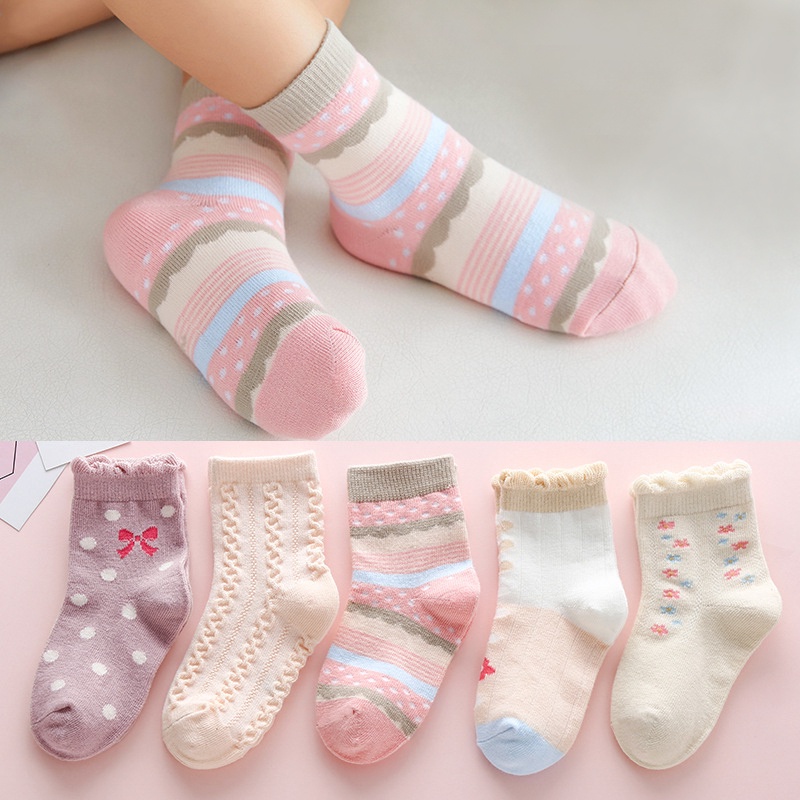 Tất cho bé gái , set 5 đôi vớ dành cho trẻ em chất liệu cotton chống trượt cao cổ hình dễ thương COLOR KIDS.