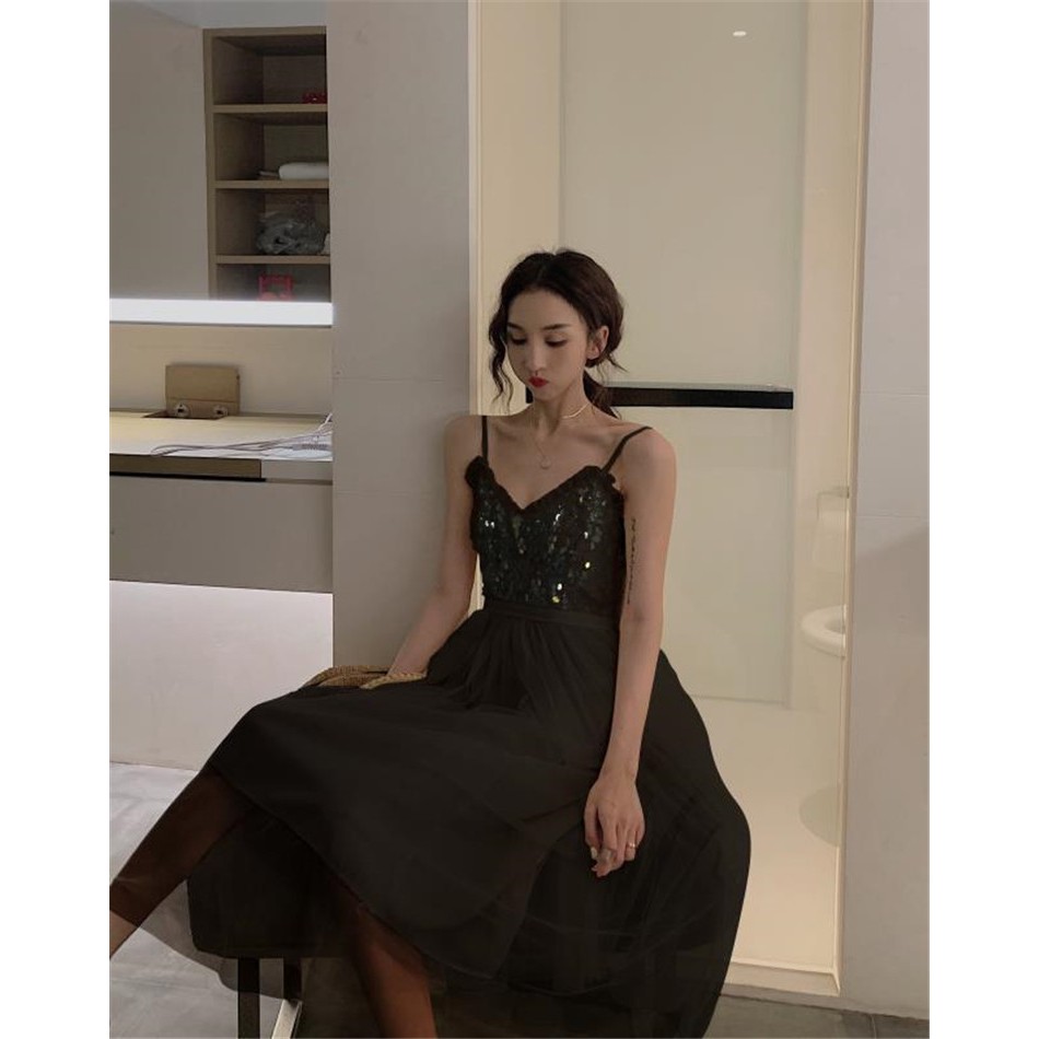 M14 - Váy hai dây Ulzzang cổ V viền ren đính kim sa nhúng thân chun (4 màu)