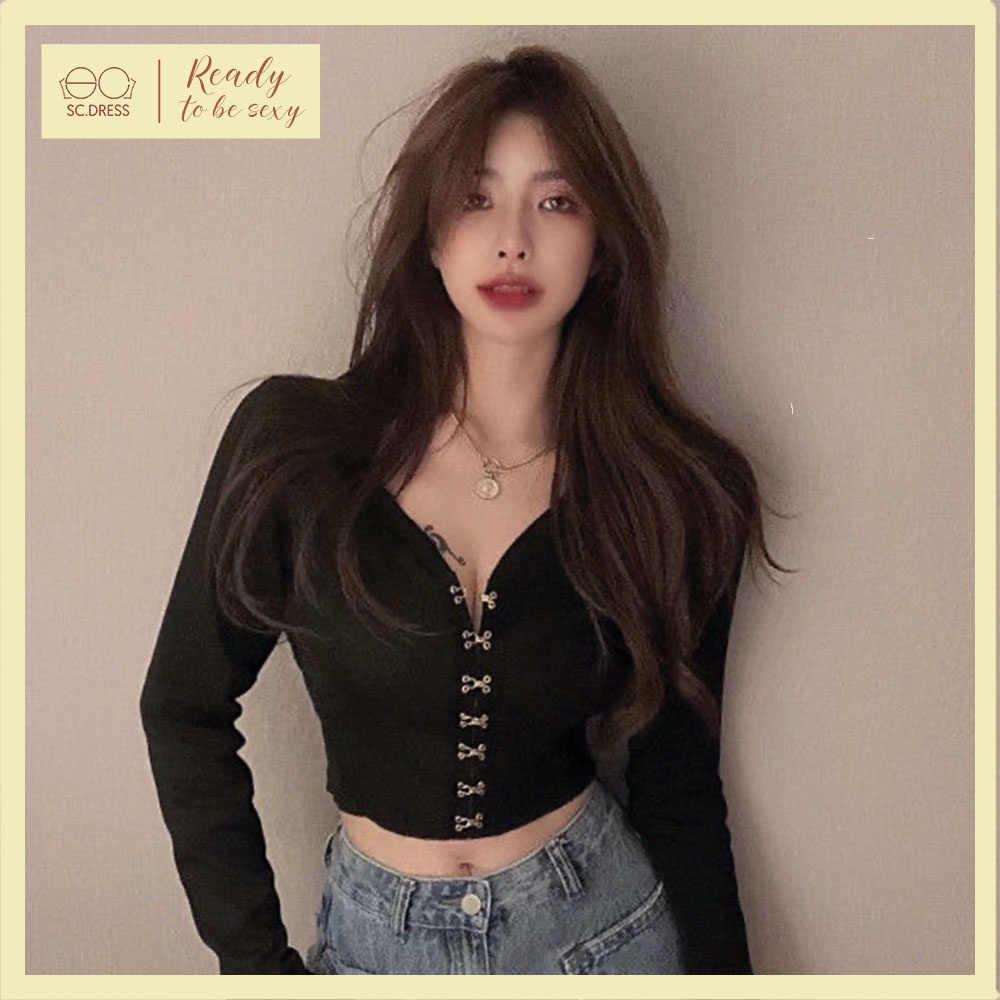 Áo len ôm body cổ V cài cúc nơ chic sexy cá tính phong cách US UK A00007