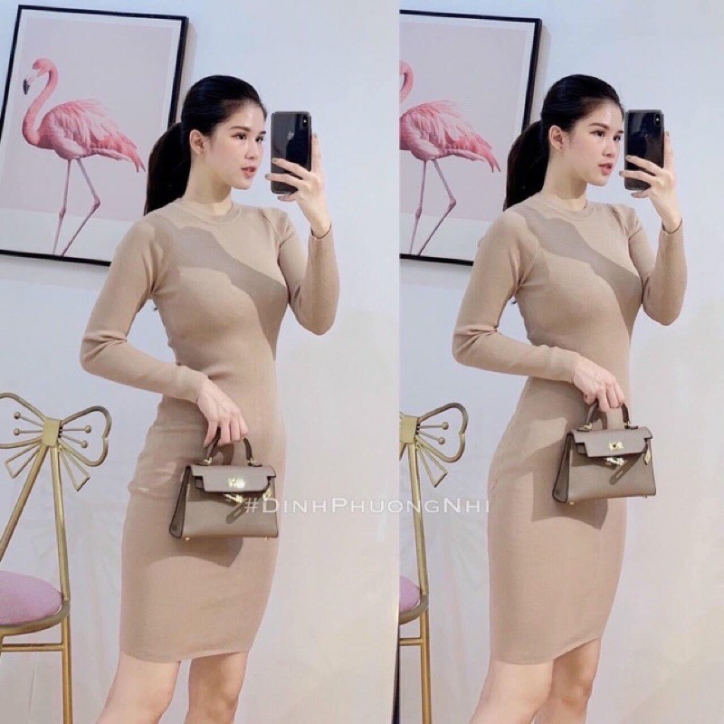 Váy body dài tay cổ tròn chất cotton tăm siêu tôn dáng