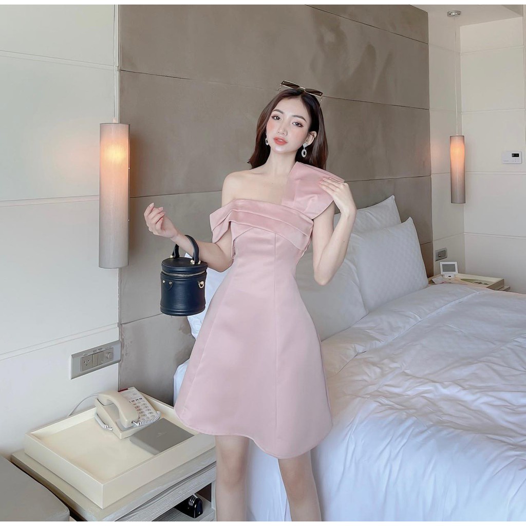 [HÀNG THIẾT KẾ CAO CẤP] Đầm Xòe Lệch Vai Đi Tiệc Sang Trọng Màu Hồng