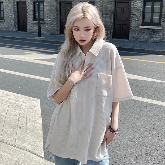 Off-white Áo Thun Polo Ngắn Tay Form Rộng Màu Tương Phản Phong Cách Retro