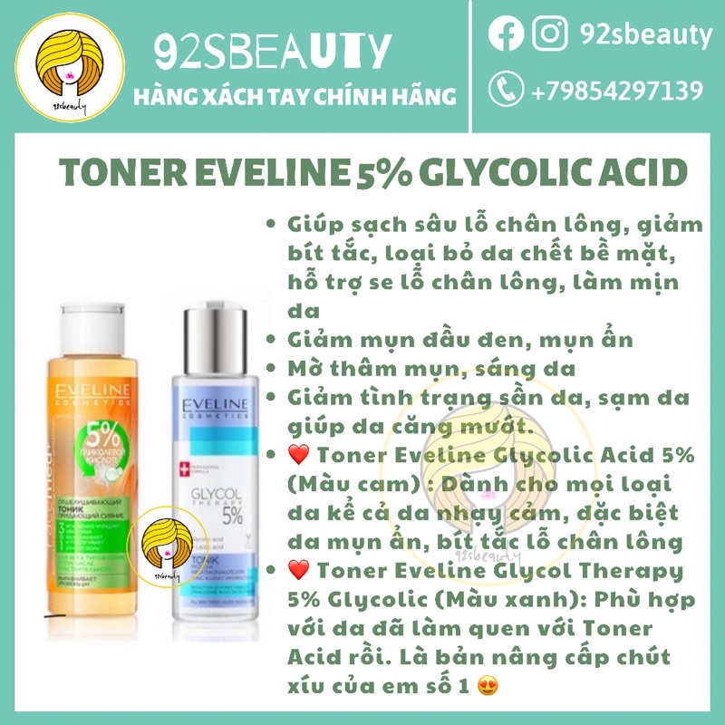 Toner Nước hoa hồng Eveline 5% Glycolic Acid tẩy da chết, ngừa mụn, mờ thâm