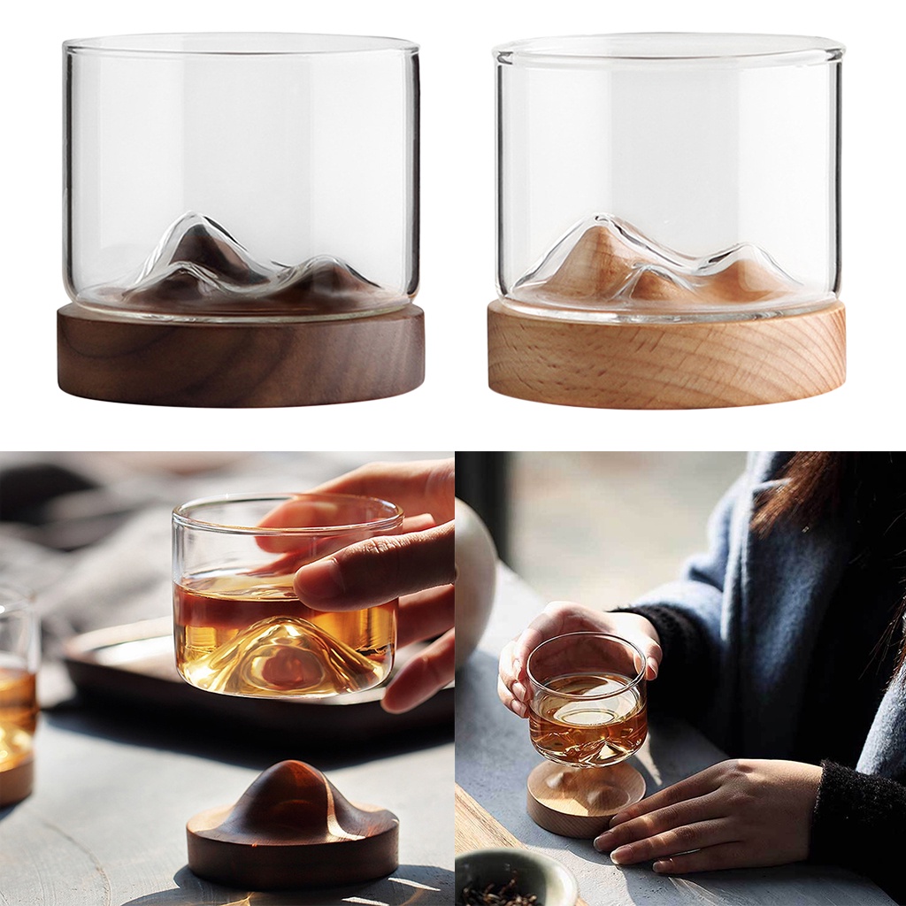 Cốc uống nước/cà phê bằng thủy tinh với đế gỗ thiết kế hình ngọn núi sáng tạo dung tích 120ml