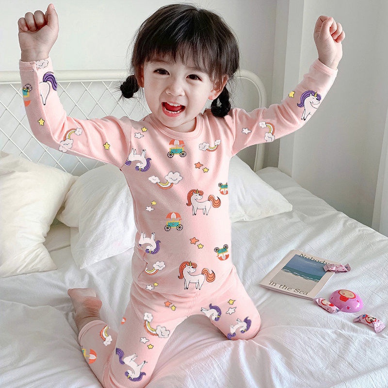 Bộ đồ ngủ tay dài vải cotton họa tiết hoạt hình thời trang xuân thu cho bé gái