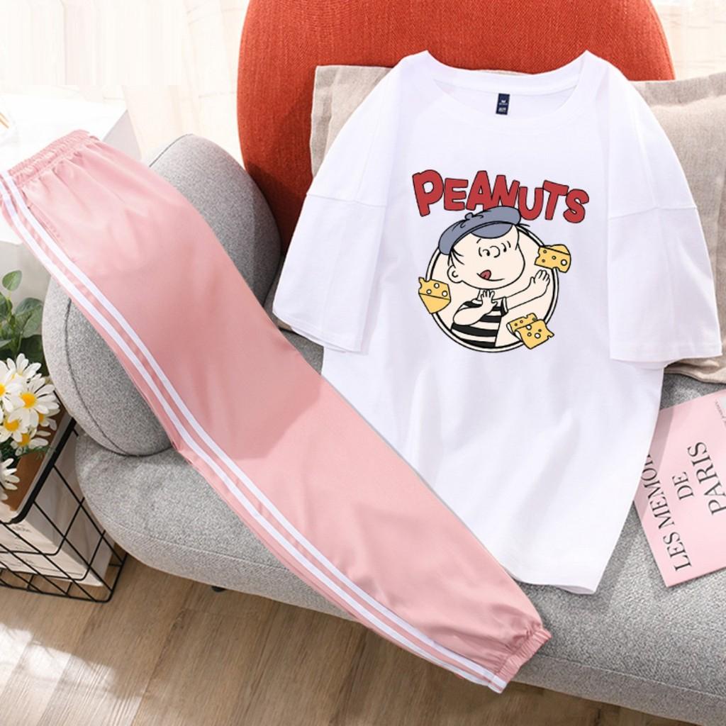 Set Bộ Quần Áo Nữ Mặc Hè, Áo Phông Cotton Mát Mịn In Bé Ăn Bánh Kèm Quần Thun Sọc Bo Gấu Mặc Đi Chơi Hàn Quốc