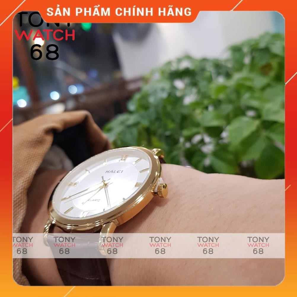 Hot!!! Đồng Hồ Nam Dây Da Nâu Mặt Trắng Viền Vàng Halei Chính Hãng Tony Watch 68 giá re