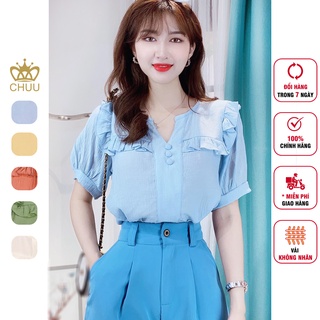 Áo kiểu cổ xẻ chữ v nút bọc tay ngắn chuu a6918