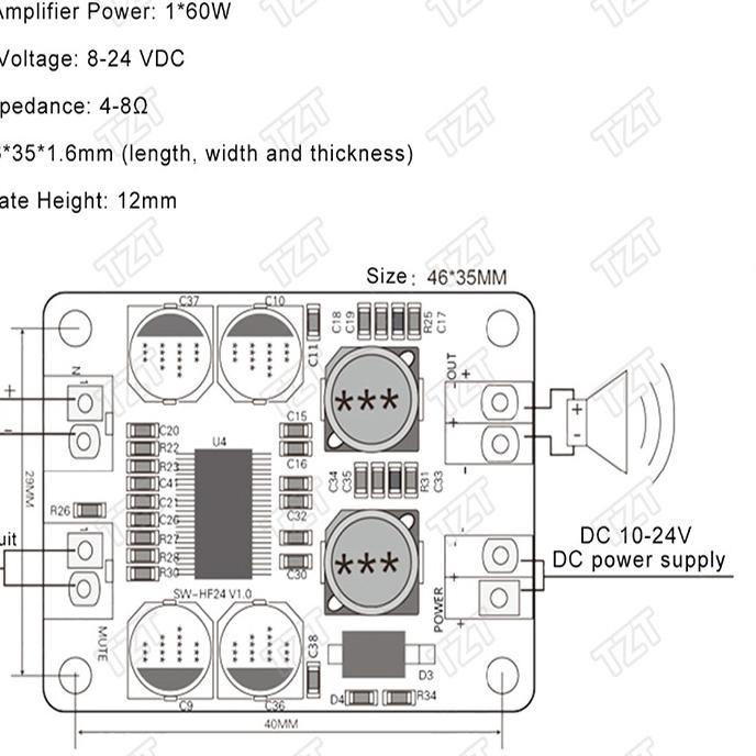 Bảng Mạch Khuếch Đại Công Suất Kỹ Thuật Số XH-M313 TPA3118 PBTL Mono 1x60W 12V 24V