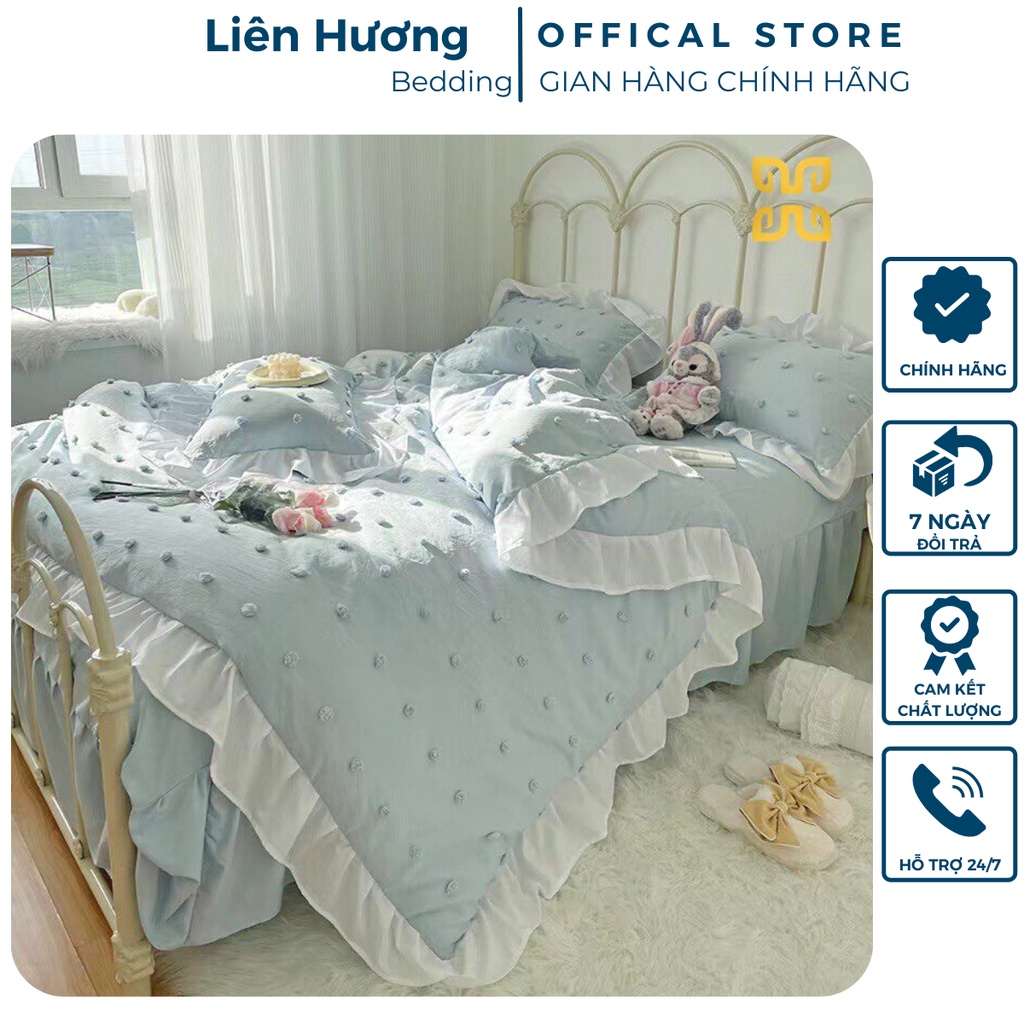 Bộ chăn ga gối đũi mềm mại viền bèo trắng đính hoa bi nổi siêu xinh, hàng nhập khẩu chất đũi thoáng mát không phai mầu