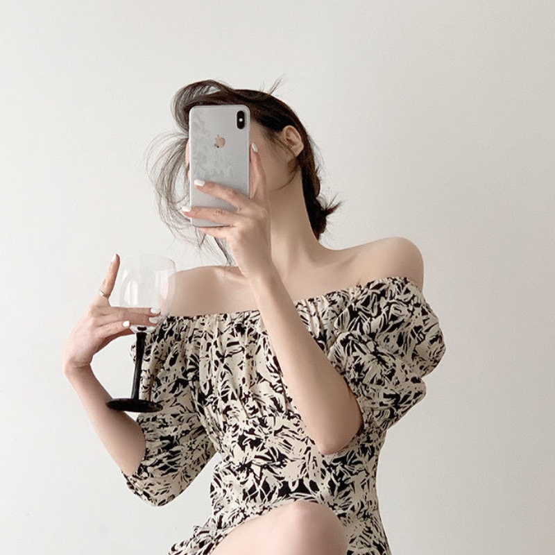 Đầm Trễ Vai Lưng Cao Họa Tiết Chấm Bi Thời Trang Mùa Hè Cho Nữ