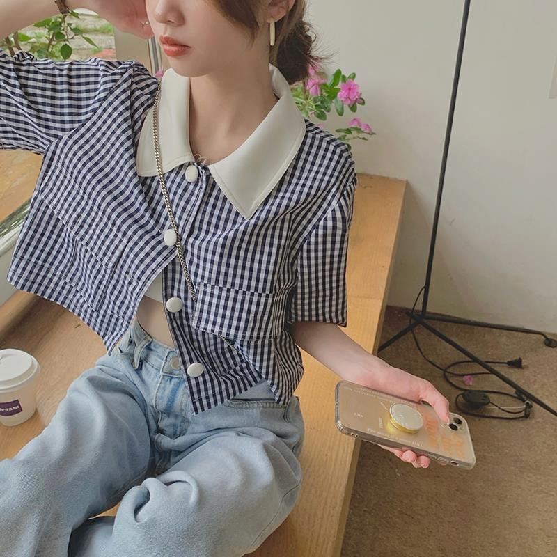 Áo sơ mi tay ngắn cổ POLO họa tiết sọc caro phong cách Hàn Quốc thời trang mùa hè cho nữ