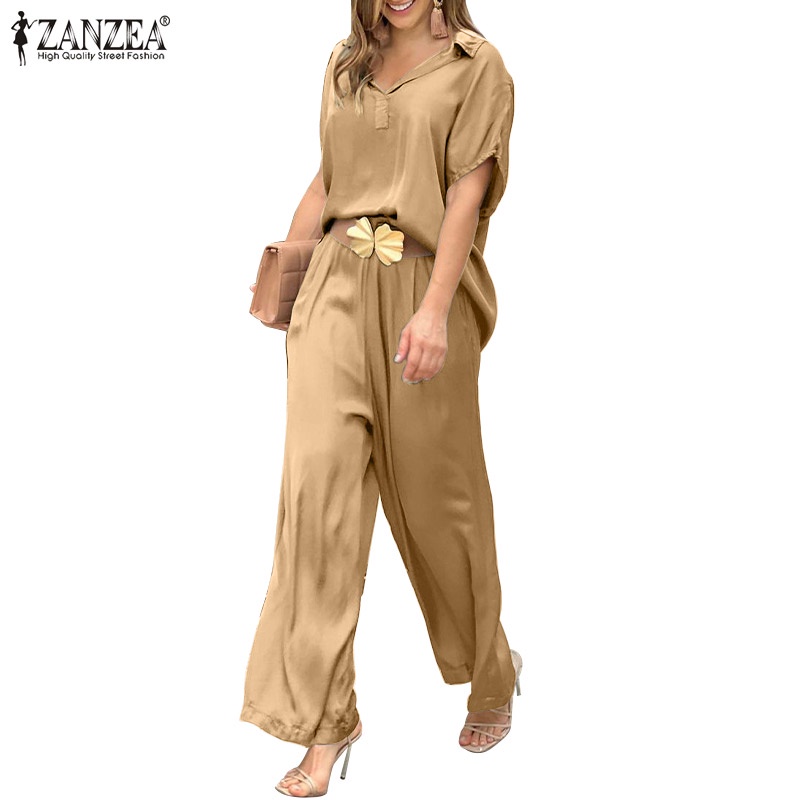 Set trang phục 2 mảnh Zanzea gồm áo tay ngắn kèm quần dài lưng thun thời trang năng động cho nữ