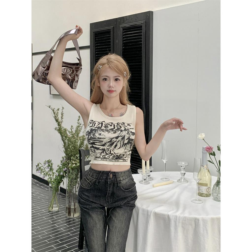 Áo Không Tay Cổ Tròn In Họa Tiết Phong Cách vintage Mỹ Cho Nữ
