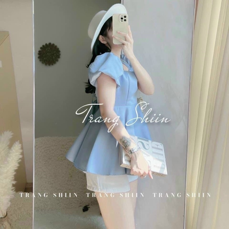 Set áo babydoll xanh dương tay phồng thắt dây nơ hở lưng + quần short trắng