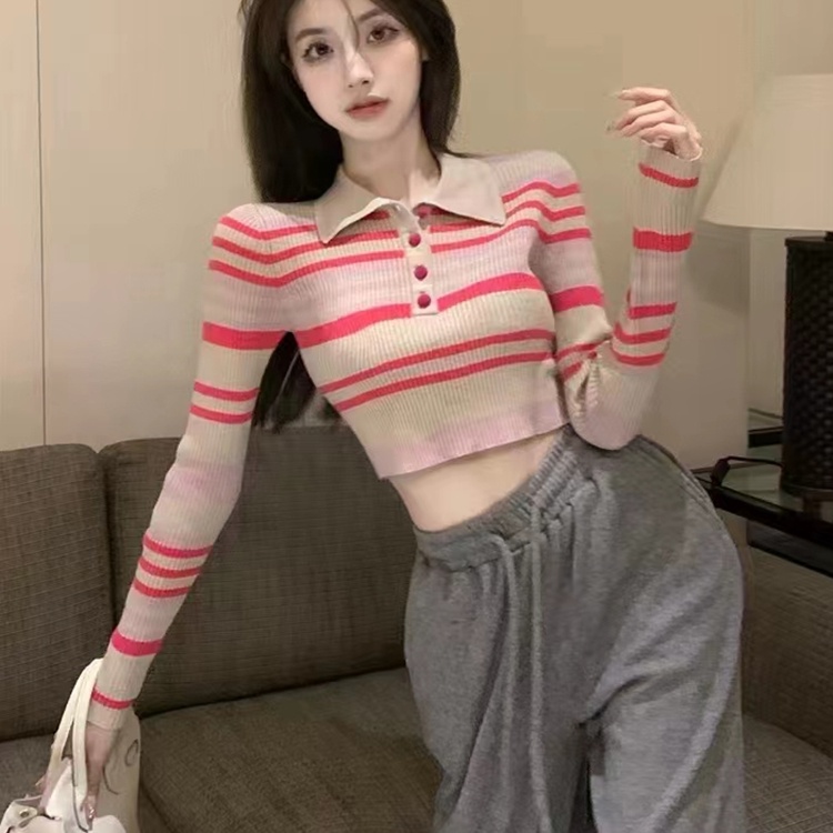 Áo Sweater Dệt Kim Cổ Polo Kẻ Sọc Màu Sắc Tương Phản Thời Trang Mùa Thu Cho Nữ