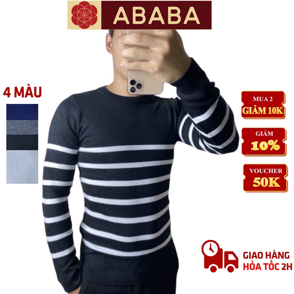 Áo len nam cổ tròn Hàn Quốc ABABA, tay dài cổ tròn, kẻ toàn thân m9 ABA-04