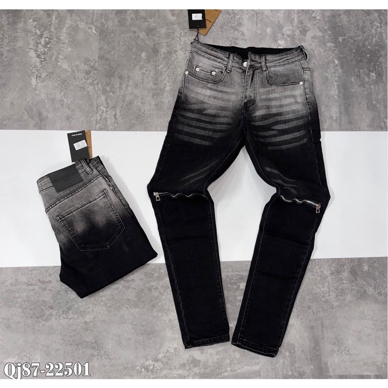 Quần bò nam khoá zip gối pha màu đen xám