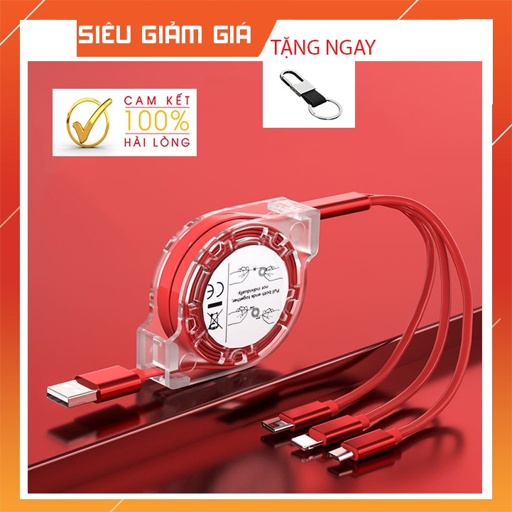Cáp sạc dây rút 3 trong 1, có thể kéo dài rút ngắn dễ dàng,3 đầu sạc Micro, Type-C, Lightning 5.0