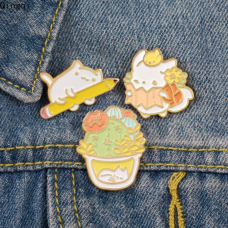 Ghim cài áo MISS ZOE tráng men hình mèo ngủ và chậu xương rồng dễ thương dùng làm quà tặng